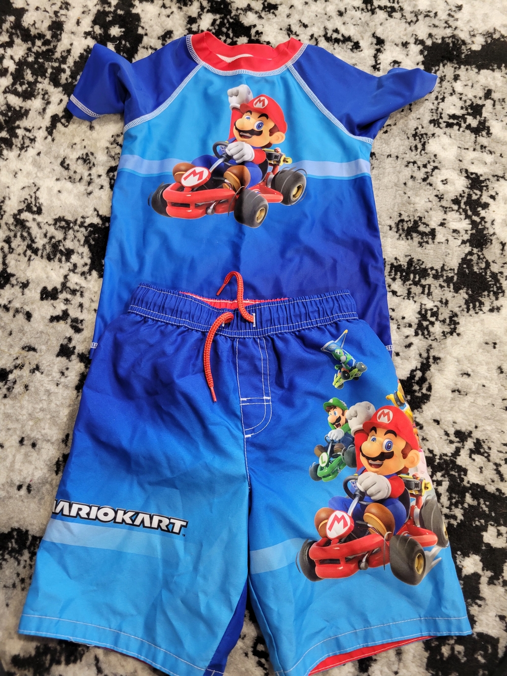 Mario Kart Boys Blue Swim Set - Mario Graphic Rash Guard & Shorts